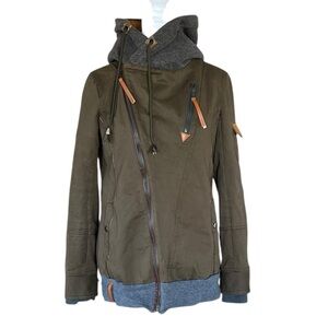 Gamiss Asymmetrical Moto Utility Jacket Olive Green Hooded Military Style M